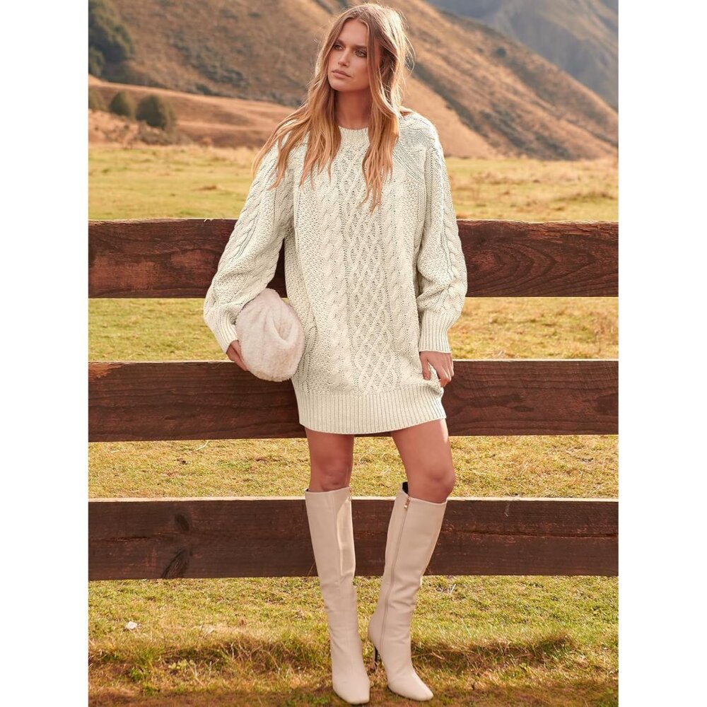 Womens Oversized Cable Knit Sweater Dress Chunky Long Sleeve Fall Winter Outfit - Picture 4 of 7